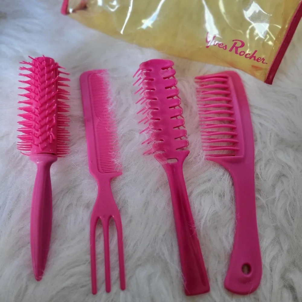 Yves Rochee Vintage 1970s Hair‎ Styling Pick Comb Wet Brush Rake Bath Set Bag